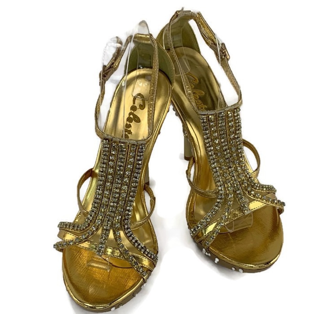 Celeste Women’s Gold Rhinestone Strappy Heels